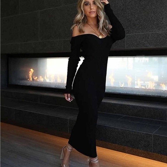💕 BLACK Women's Sexy Long Sleeve Off Shoulder Knit Bodycon Long Dress *NEW* - Picture 1 of 4